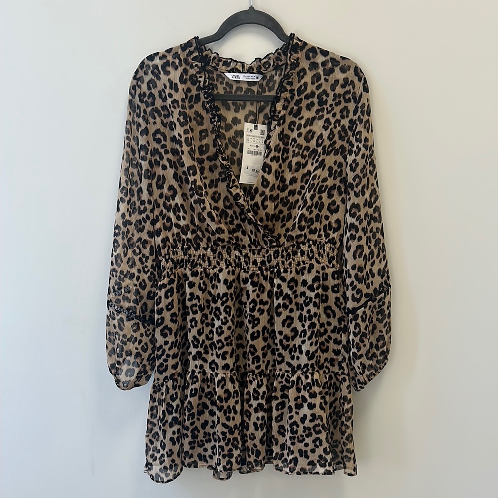 Zara Sz Large Animal Print Faux Wrap Ruffled Mini Dress • NWT!